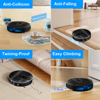 Aetheros Robot Vacuum demonstrating features like anti-collision, anti-falling, twining-proof, and easy climbing in various settings.