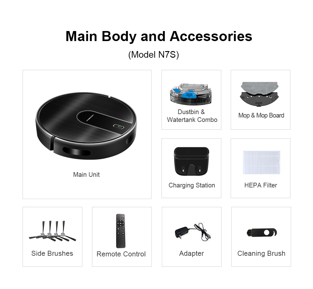 List of Aetheros Robot Vacuum components including main unit, dustbin & water tank combo, mop & mop board, charging station, HEPA filter, side brushes, remote control, adapter, and cleaning brush.