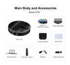 List of Aetheros Robot Vacuum components including main unit, dustbin & water tank combo, mop & mop board, charging station, HEPA filter, side brushes, remote control, adapter, and cleaning brush.