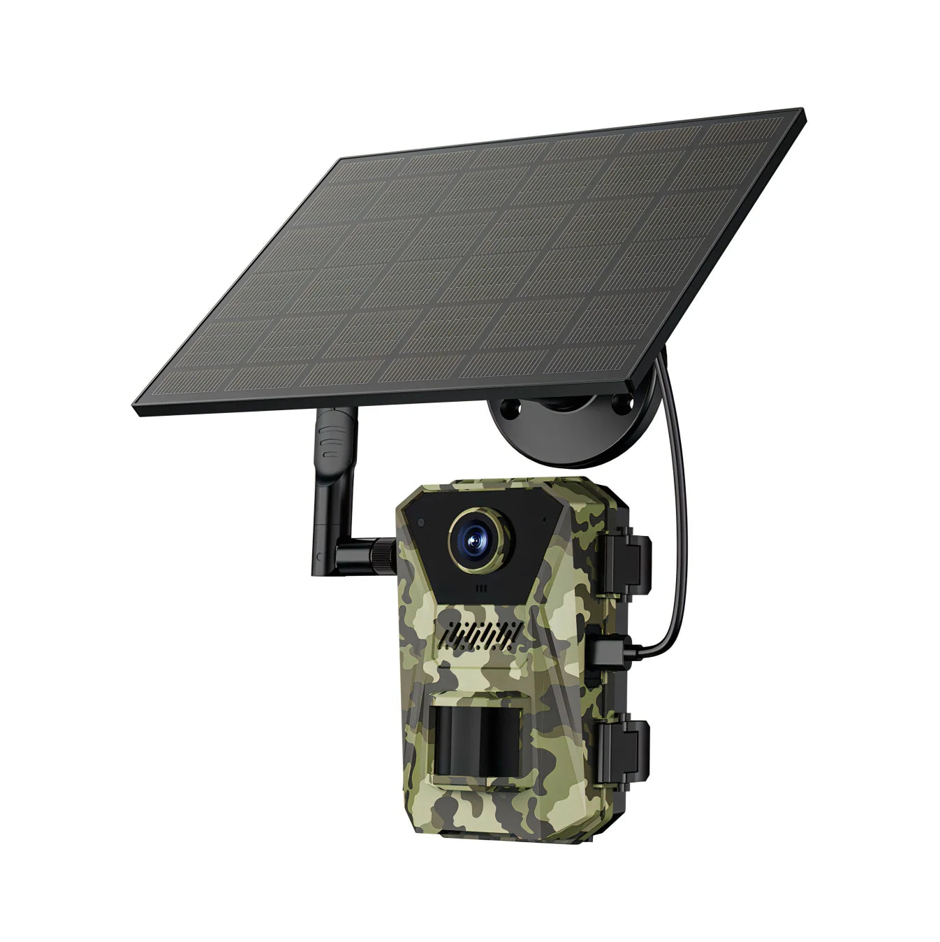 Aetheros Trail Camera -patterned security camera with solar panel on a white background