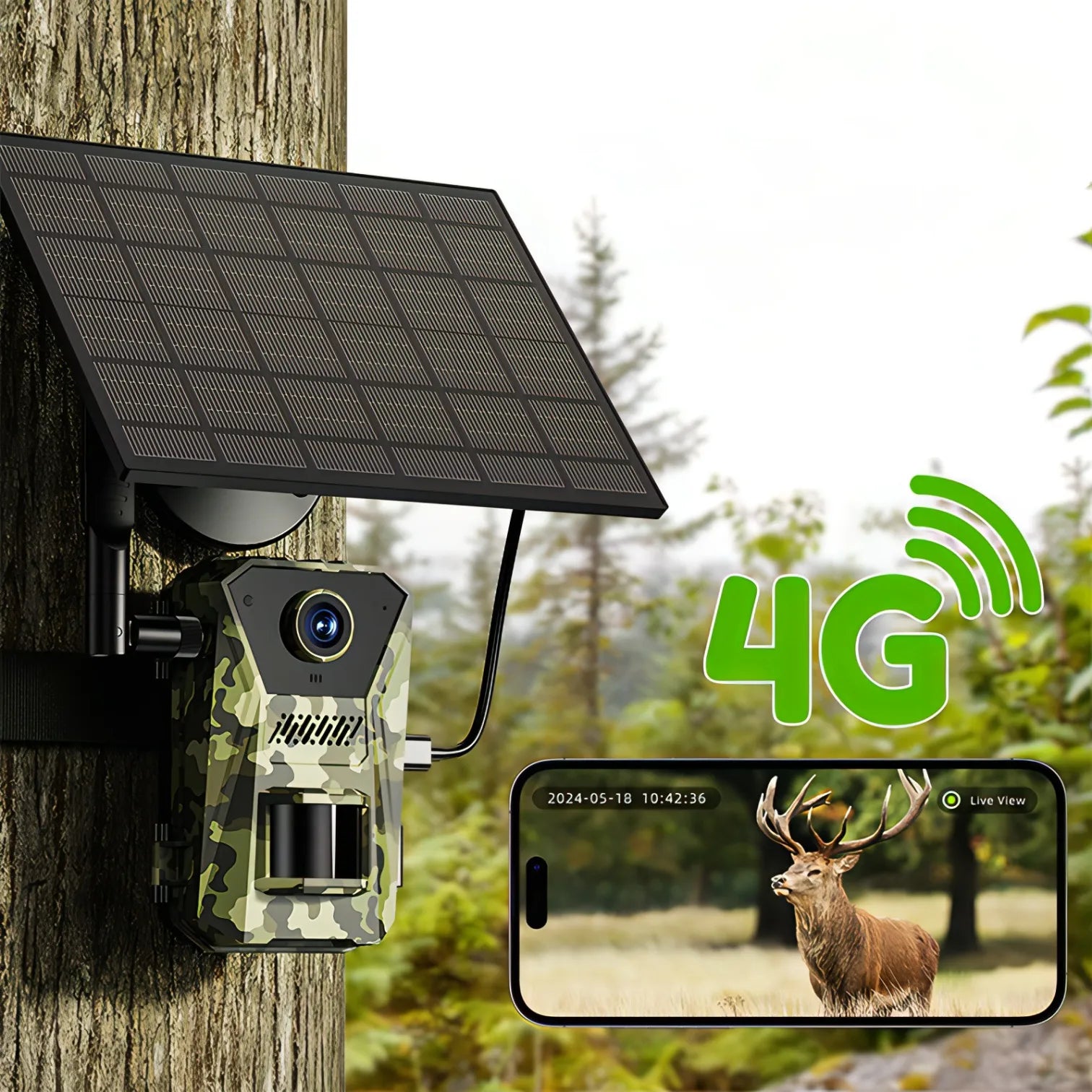 Aetheros Trail Camera with solar panel and 4G connectivity, showing a deer on a smartphone screen.