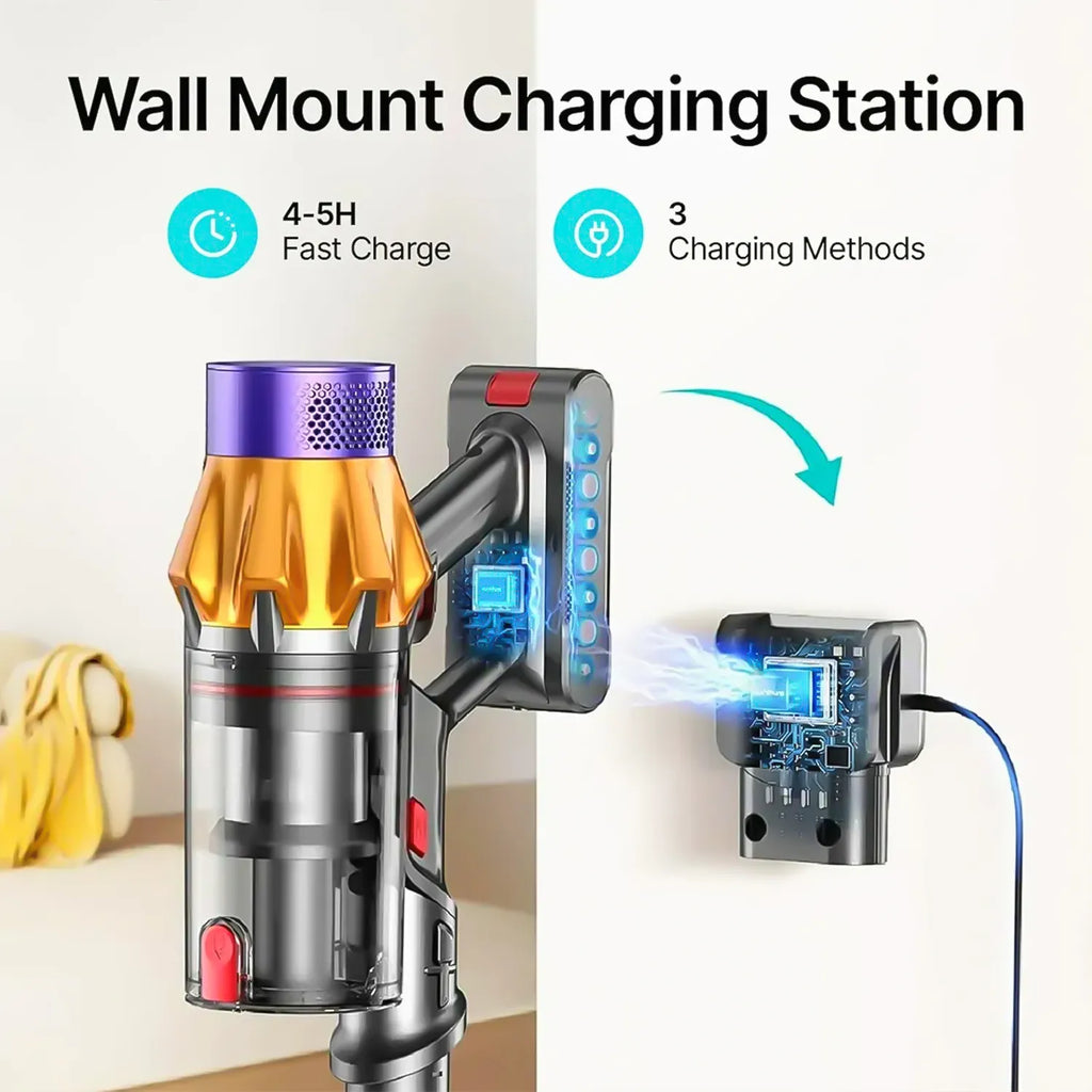 Wall mount charging station for a Aetheros  Vacuum with text indicating fast charge time and charging methods.