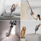 Collage of a handheld Aetheros vacuum cleaner being used in various cleaning scenarios.