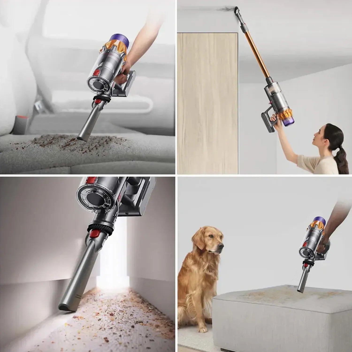 Collage of a handheld Aetheros vacuum cleaner being used in various cleaning scenarios.