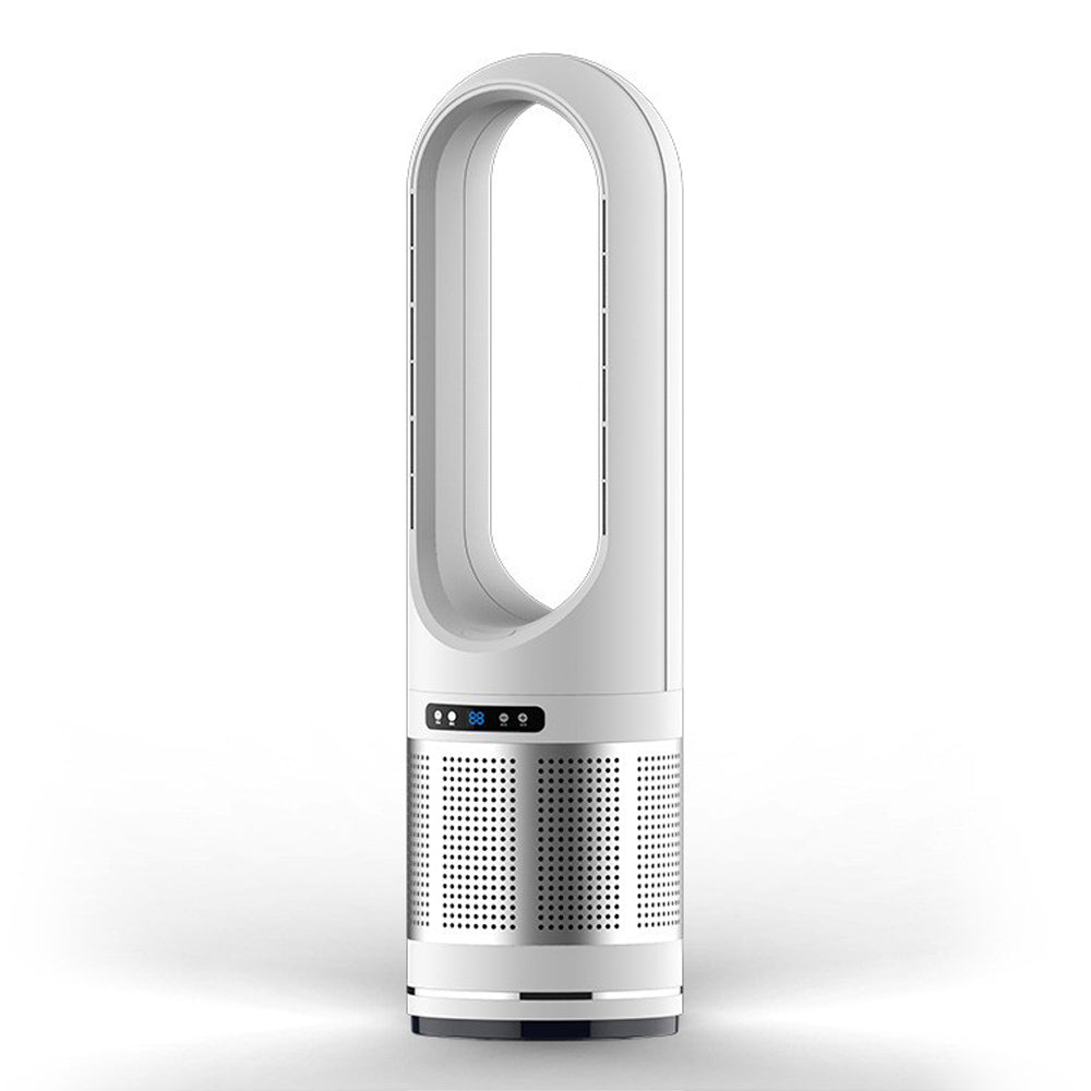 White and silver cylindrical air purifier on a white background