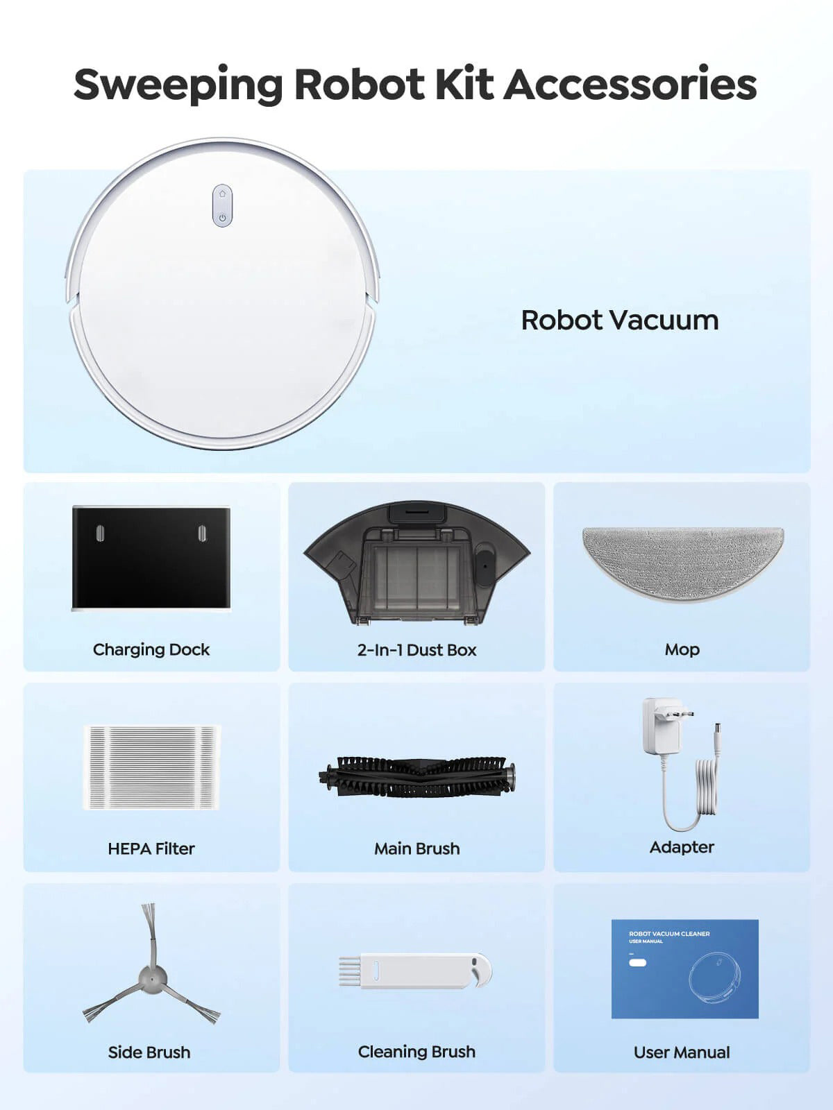 Sweeping robot kit accessories including a robot vacuum, charging dock, dust box, map, HEPA filter, main brush, adapter, side brush, cleaning brush, and user manual on a light blue background.