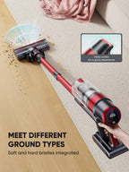 Red and black Airvax S13 Pro Cordless Vacuum a wooden floor with a inset showing a screen tilt feature.