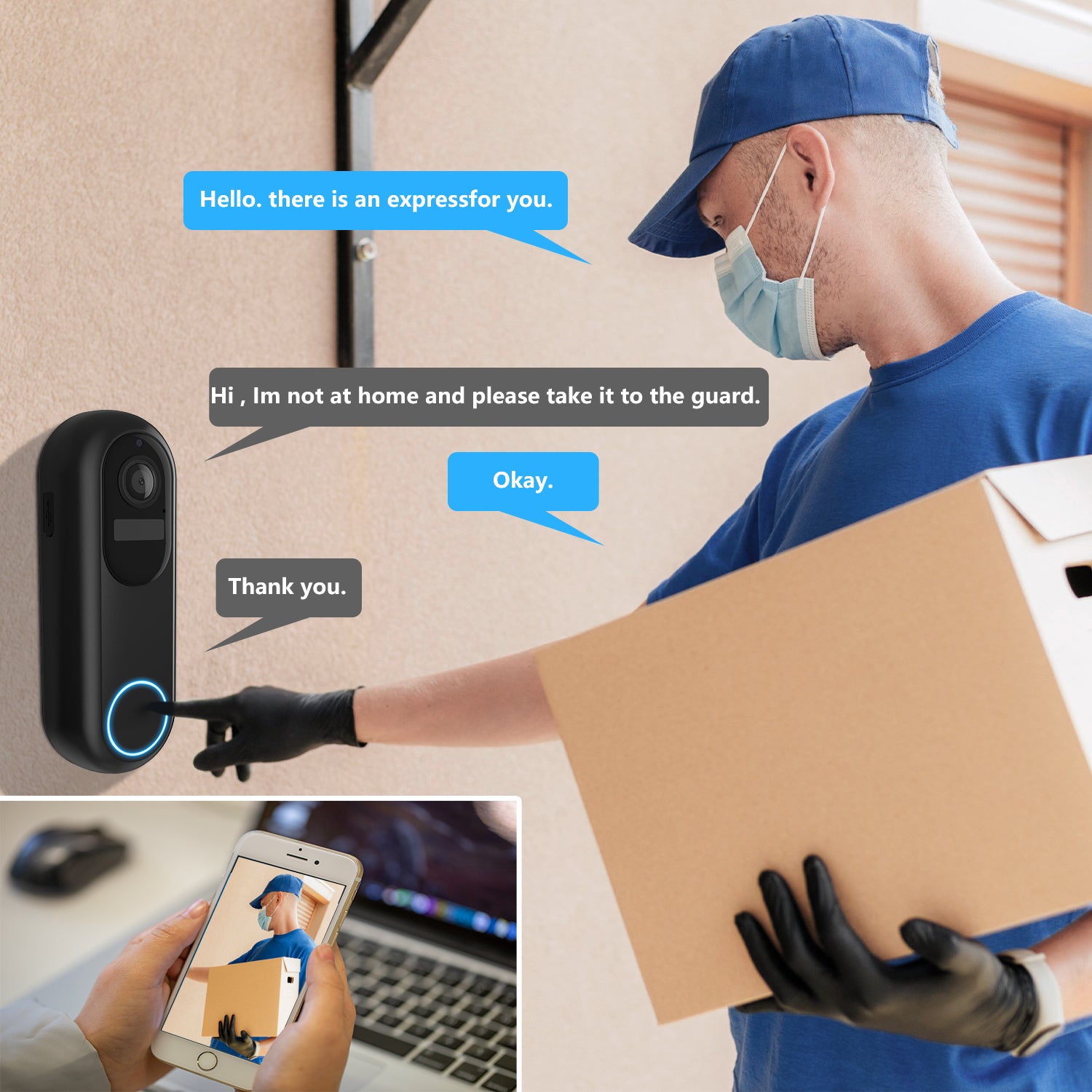 Person with a package interacting with a Aperiobell 2K Wireless Doorbell system, with text bubbles indicating a conversation.