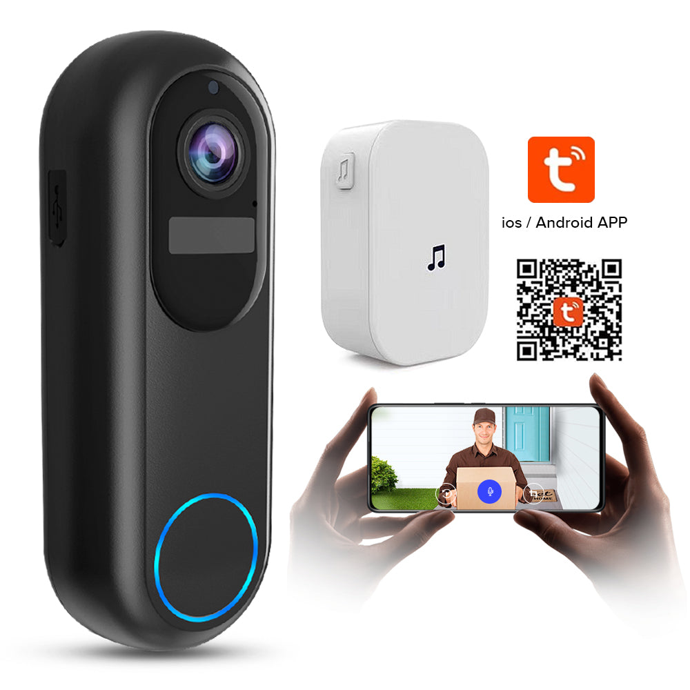 Smart Aperiobell 2K Wireless Doorbell with app icons and QR code on a white background