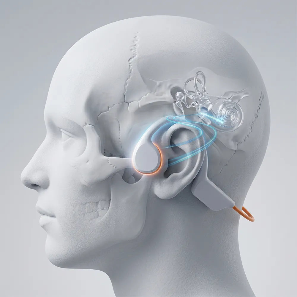 A 3D digital rendering of a human head in profile, showing a transparent and gray cochlear implant device inserted into the ear with glowing blue and orange light effects on a light gray background.