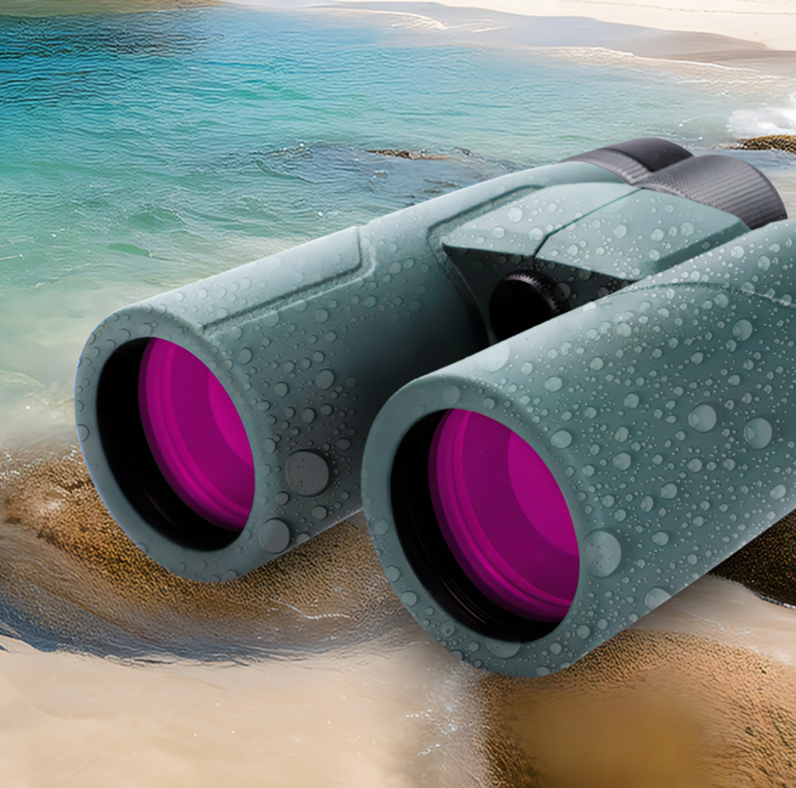 AuraLink Binoculars with pink lenses on a beach with water in the background
