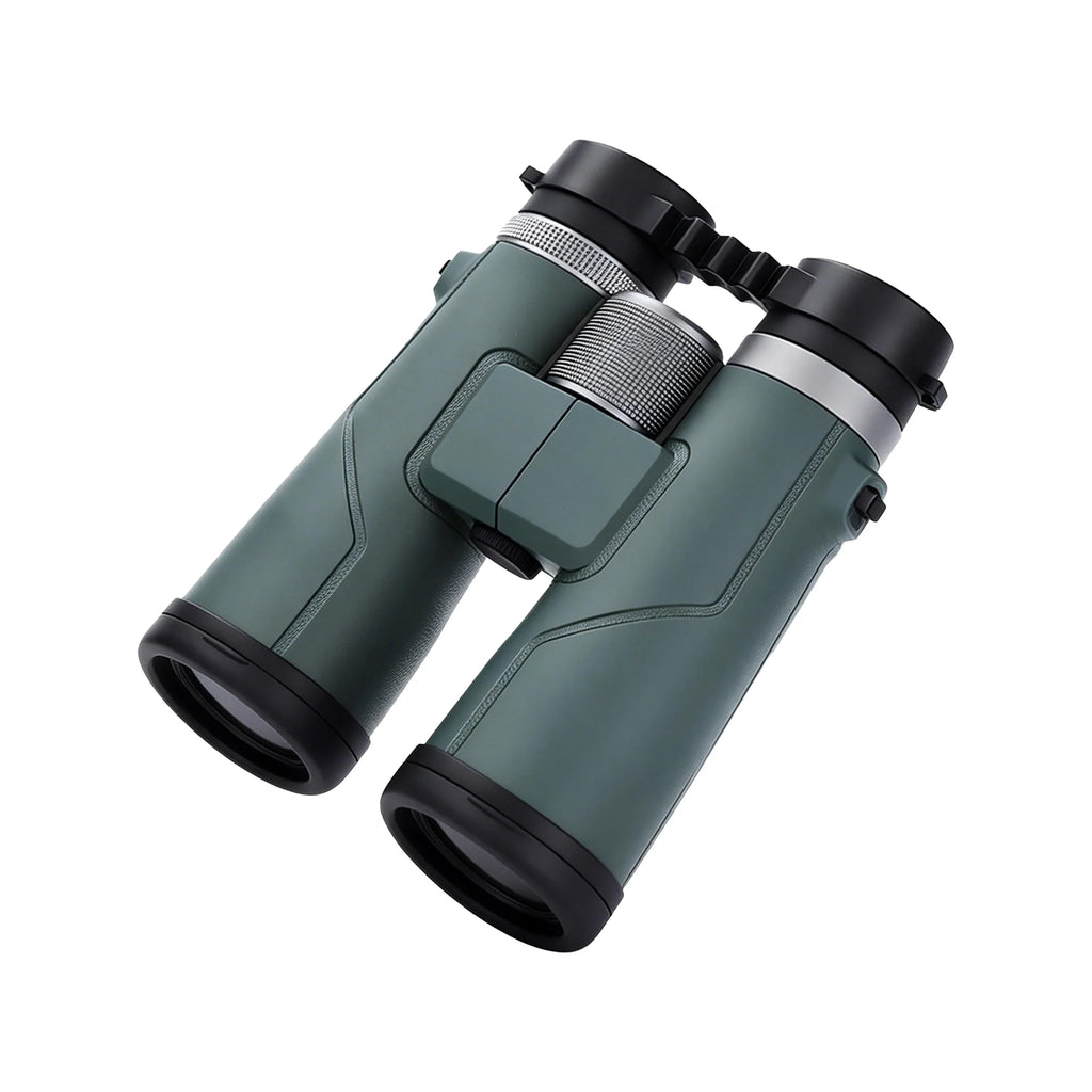 A pair of compact AuraLink Binoculars in matte dark green with black rubberized accents and a textured silver focusing ring, shown on a plain white background.