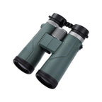 A pair of compact AuraLink Binoculars in matte dark green with black rubberized accents and a textured silver focusing ring, shown on a plain white background.