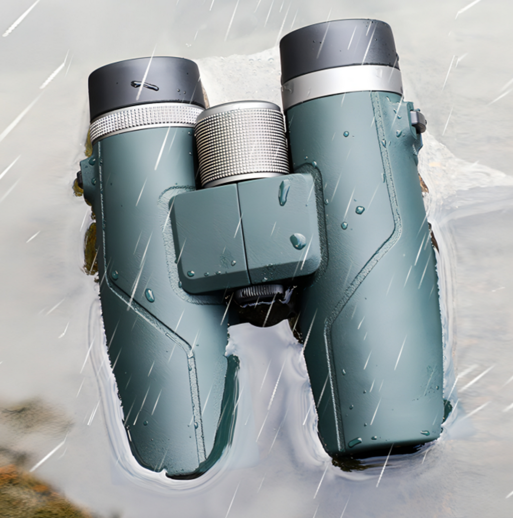 Green AuraLink Binoculars with a black strap on a white background