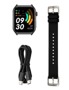 Auralink Smartwatch with black strap, charging cable, and additional strap on a white background