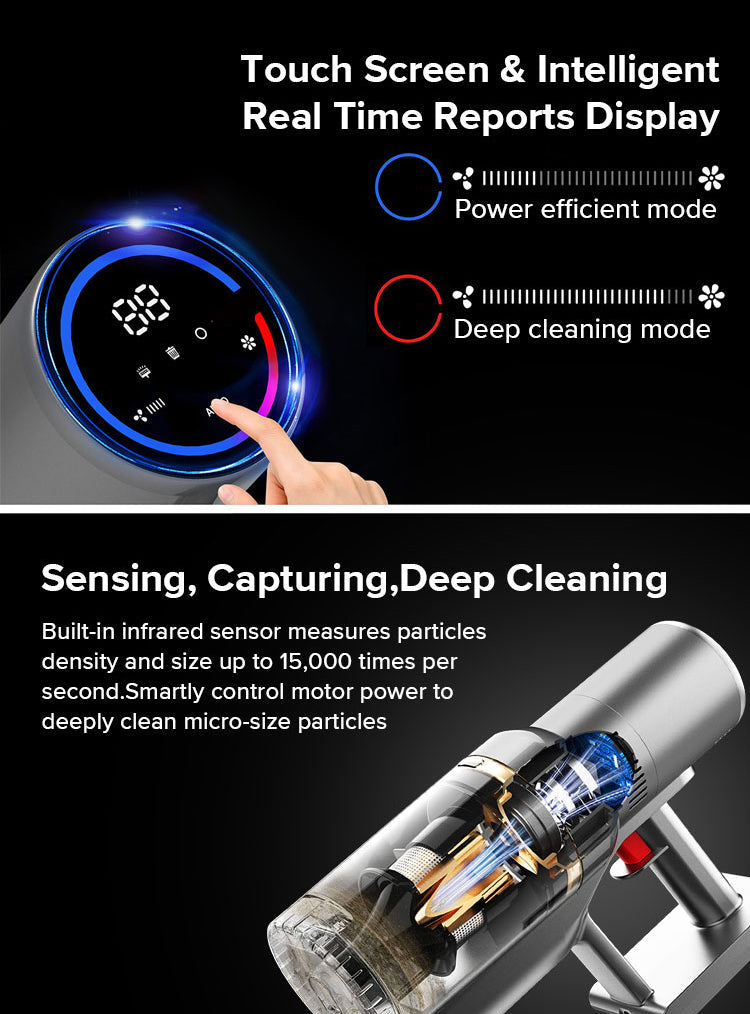 Digital display with touch screen and text about power efficient and deep cleaning modes, along with a close-up of a cleaning Auralink Vacuum Cleaner