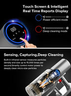 Digital display with touch screen and text about power efficient and deep cleaning modes, along with a close-up of a cleaning Auralink Vacuum Cleaner