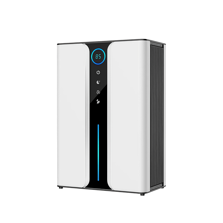 A modern white and black Auralink dehumidifier with a vertical design, featuring a digital blue LED display showing 85 on the front panel, set against a plain white background.