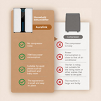 An infographic-style product comparison graphic for the Auralink dehumidifier. On the left, a tan panel shows the product with green checkmarks for features like no compressor noise and low power consumption.