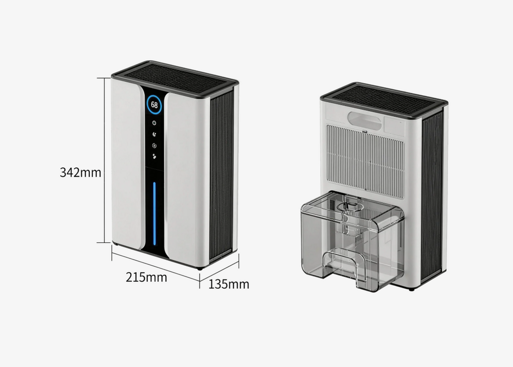 A white and black Auralink dehumidifier shown from two angles on a light gray background, with dimension labels indicating 342mm height, 215mm width, and 135mm depth, plus a transparent water collection tray visible on the right view.
