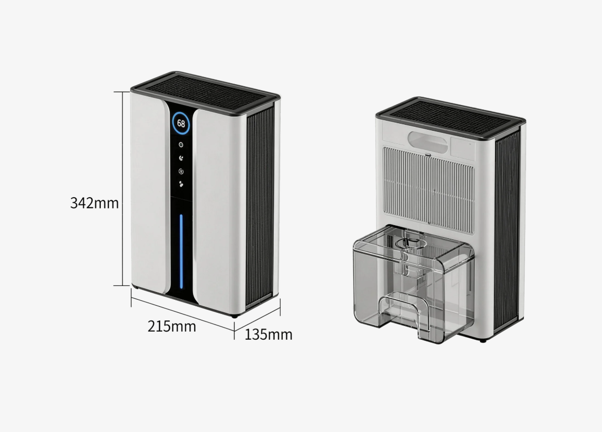 A white and black Auralink dehumidifier shown from two angles on a light gray background, with dimension labels indicating 342mm height, 215mm width, and 135mm depth, plus a transparent water collection tray visible on the right view.
