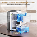 A dual Auralink dehumidifier condenser air filter shown on a wooden table in a bright room. The product is white and black with a transparent water tank filled with blue liquid, alongside blue and white filter components.