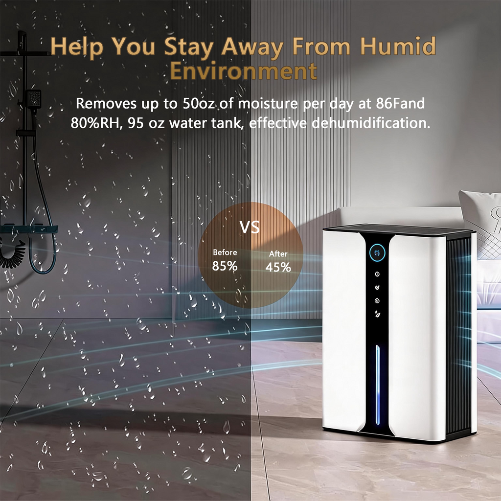 A white and black Auralink dehumidifier shown in a bedroom setting next to a bed, with promotional text highlighting its dehumidifying capabilities and a 'VS' comparison graphic.