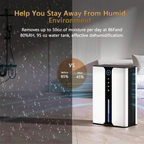 A white and black Auralink dehumidifier shown in a bedroom setting next to a bed, with promotional text highlighting its dehumidifying capabilities and a 'VS' comparison graphic.
