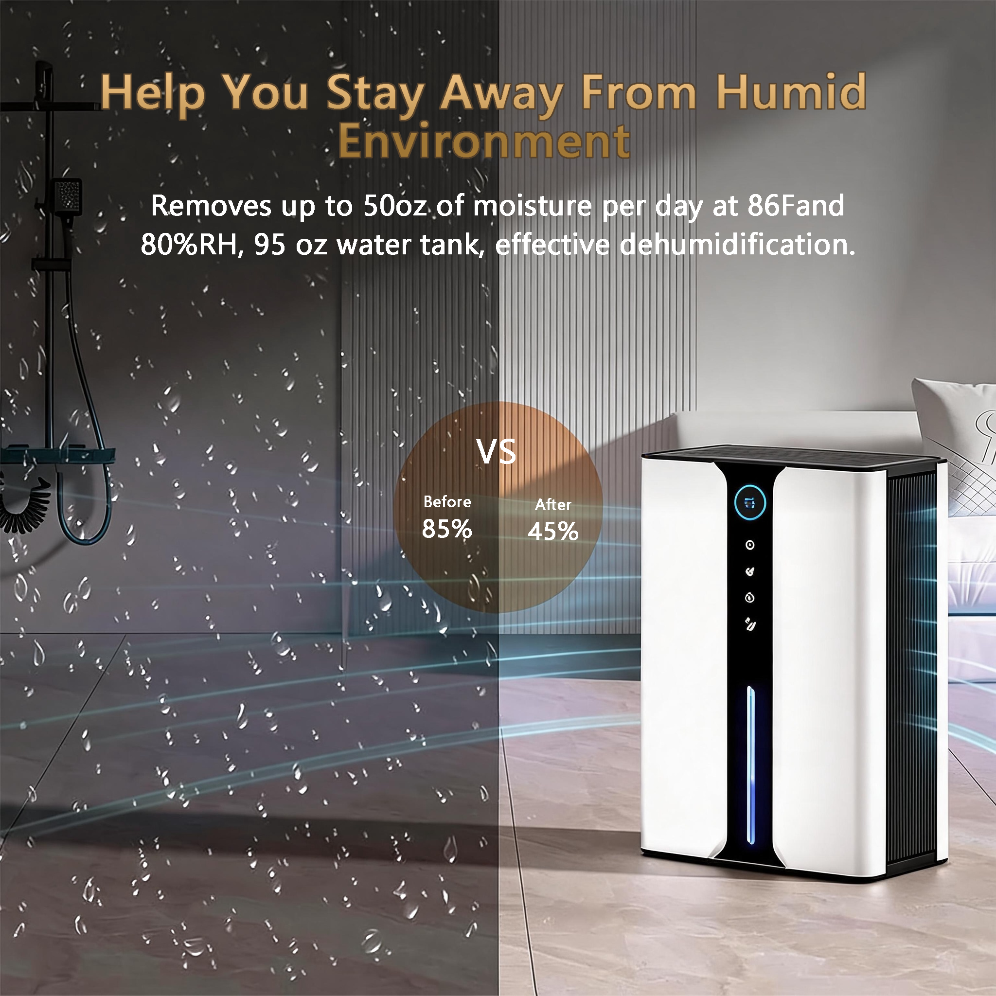 A white and black Auralink dehumidifier shown in a bedroom setting next to a bed, with promotional text highlighting its dehumidifying capabilities and a 'VS' comparison graphic.