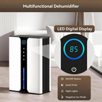 A white and black multifunctional Auralink dehumidifier shown in a modern room setting, with an inset close-up of its LED digital display showing 85% humidity. Text labels highlight features like LED digital display, ON/OFF button, quiet mode, night lights, and negative ion mode.