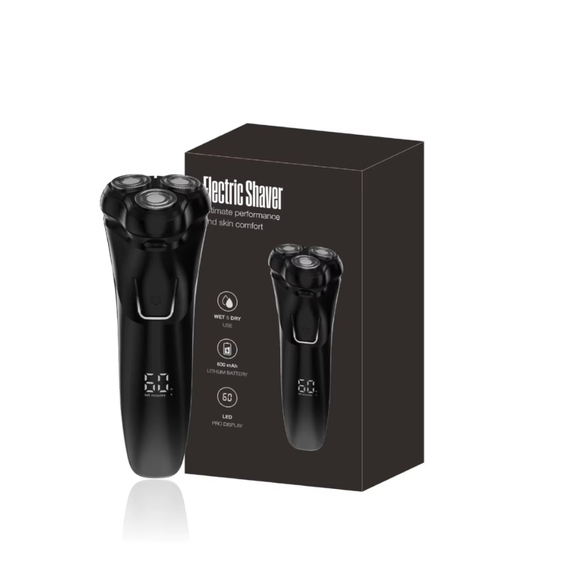 Auralink shaver set with packaging, shaver, and accessories on a white background