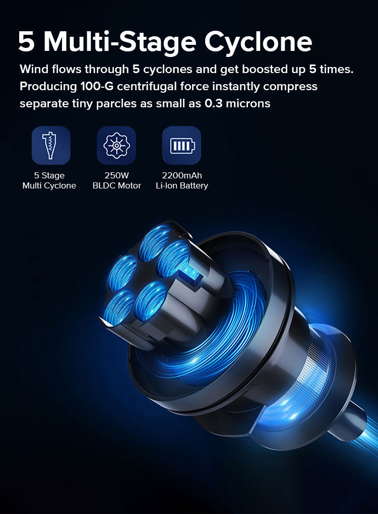 Balzy Hoover Cleaner with blue light and text about multi-stage cyclone technology on a dark background