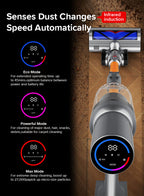Suction Balzy Hoover Cleaner uk with digital display on a wooden floor, featuring text about dust sensing and speed control.