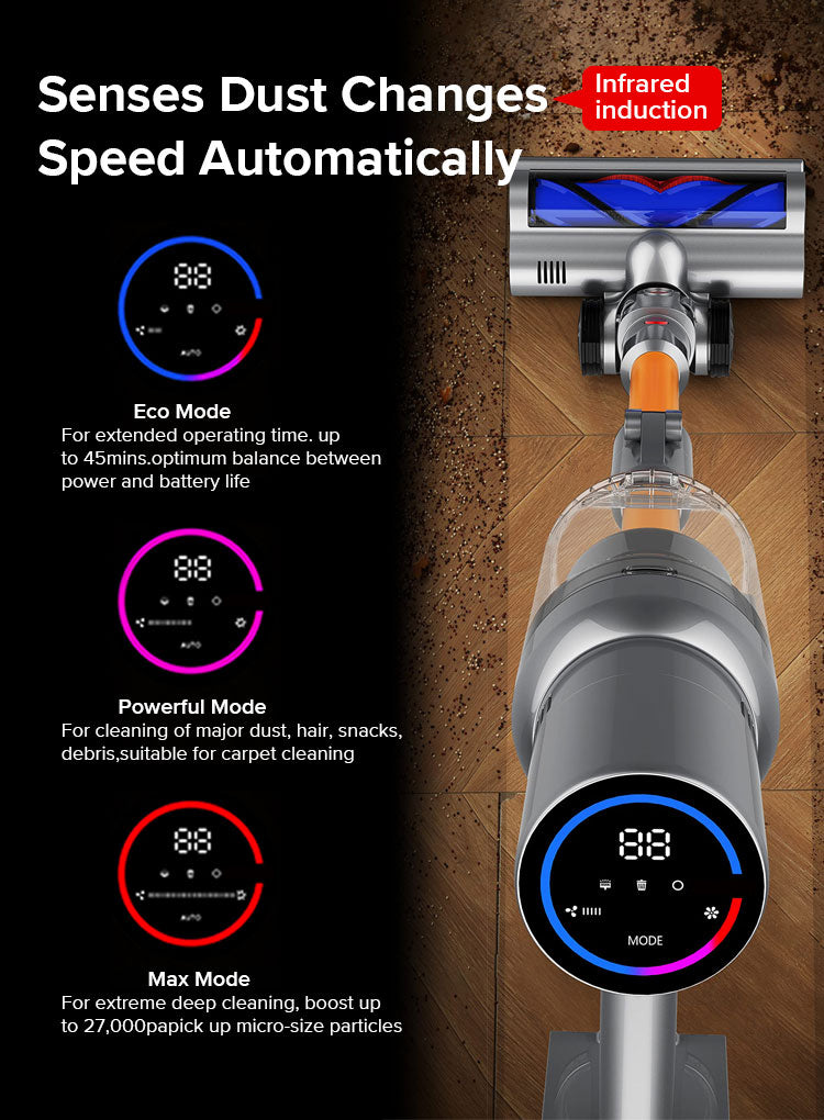 Suction Balzy Hoover Cleaner uk with digital display on a wooden floor, featuring text about dust sensing and speed control.