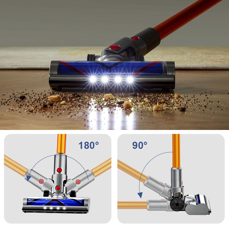 Balzy Hypersonics Pro Vacuum Cleaner head cleaning a wooden floor with close-up details of brush head angles.