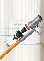 Stylized illustration of a Balzy Hoover Cleaner with labeled filtration components on a white background.