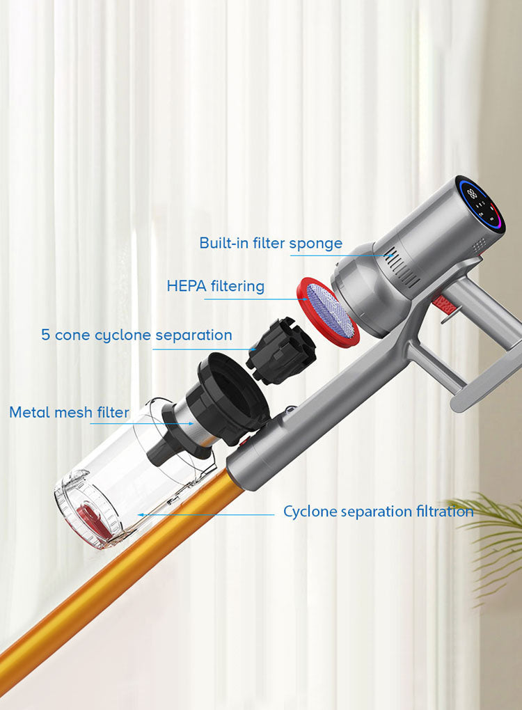 Stylized illustration of a Balzy Hoover Cleaner with labeled filtration components on a white background.