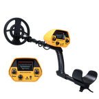 Yellow Beelines Metal Detector with black coil on a white background