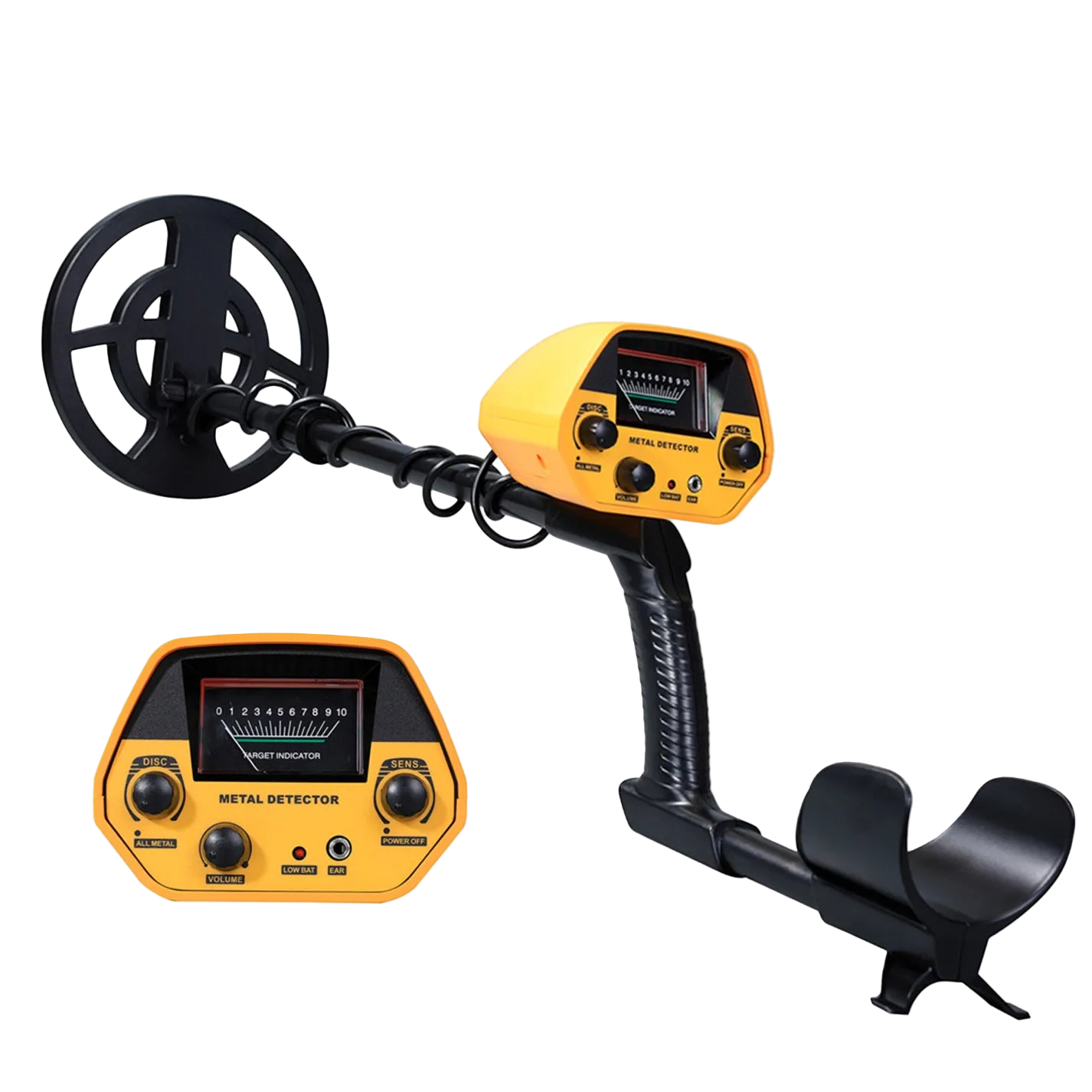 Yellow Beelines Metal Detector with black coil on a white background