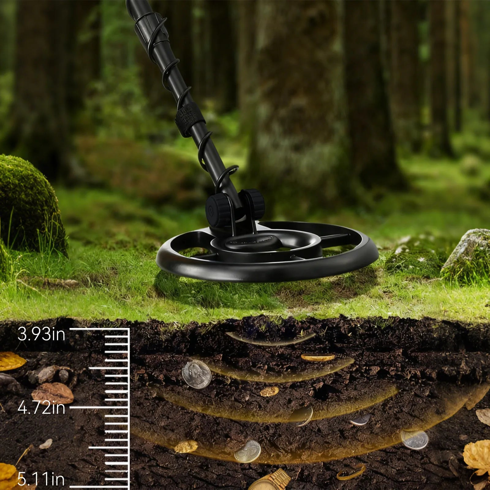 Beelines Metal Detector on grass with a cross-sectional view of the ground showing coins and measurements.