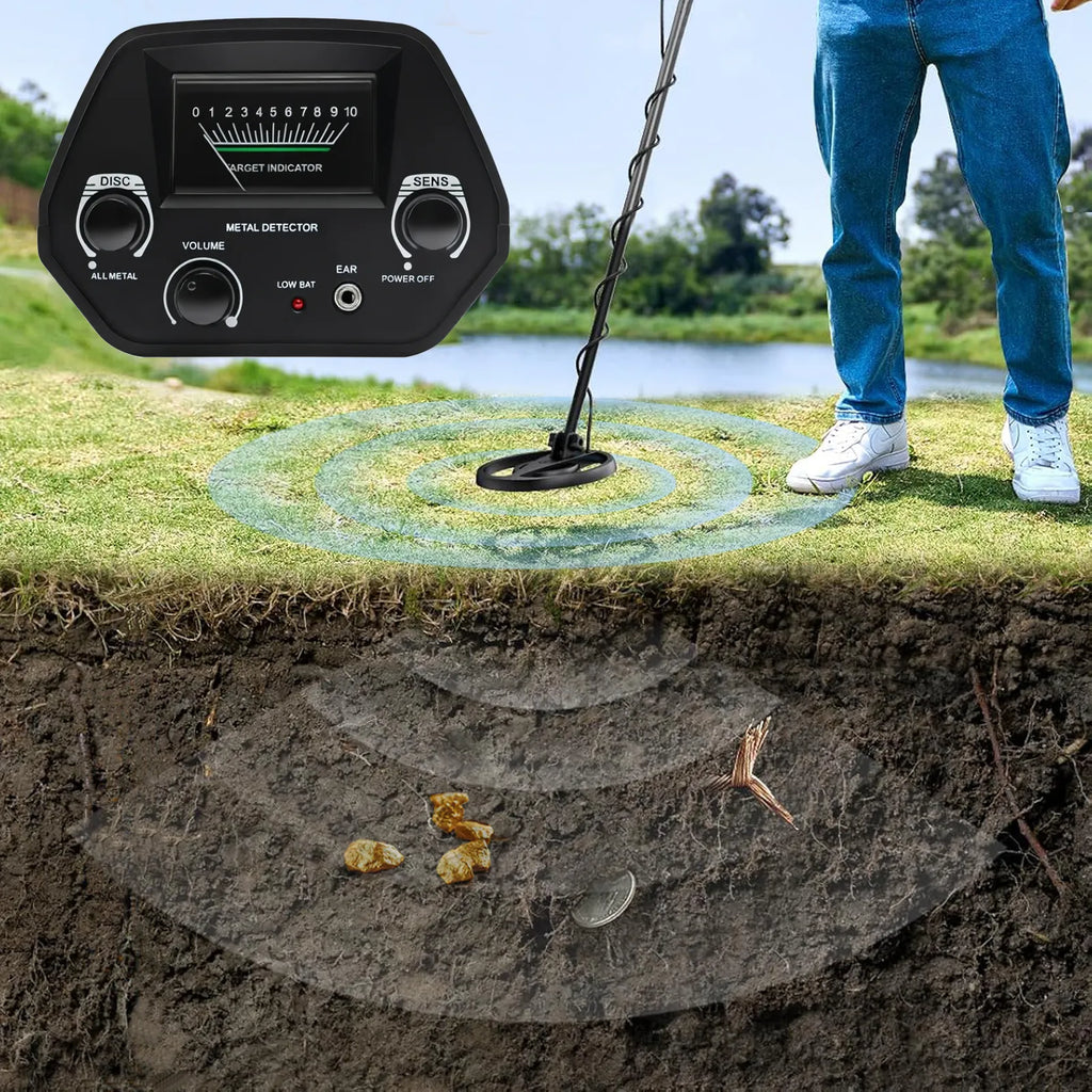 Beelines Metal Detector on grass with a person standing nearby, showing a cross-section of the ground revealing metal objects.