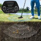 Beelines Metal Detector on grass with a person standing nearby, showing a cross-section of the ground revealing metal objects.