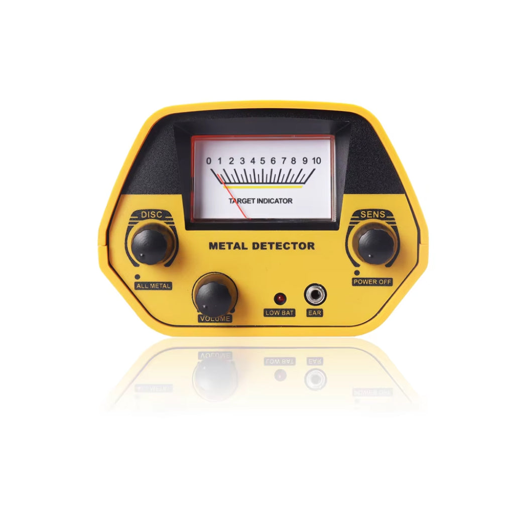 Yellow Beelines Metal Detector with a target indicator on a white background