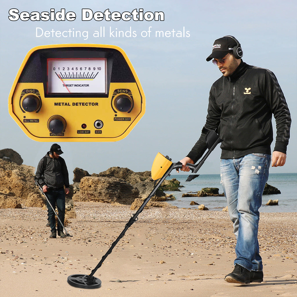 Man using a Beelines Metal Detector on a beach with 'Seaside Detection' text.