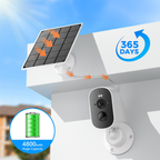 Solar-powered Beelines Solar Security Camera with battery indicator and 365-day duration on a clear day.