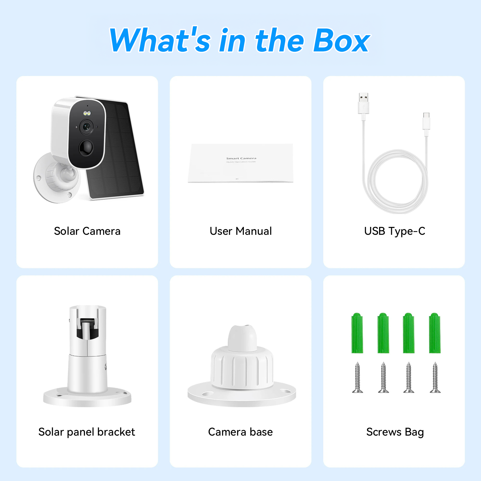 List of items included in a box with Beelines Solar Security Camera, user manual, USB cable, solar panel bracket, camera base, and screws bag on a light blue background.