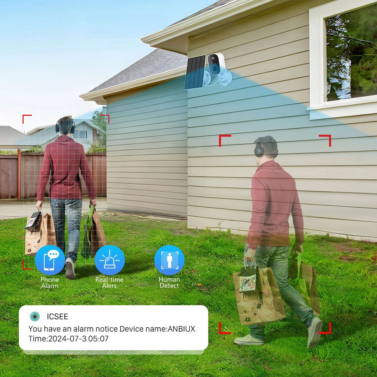 Person walking with groceries near a house with Beelines Solar Security Camera and alarm system displayed.
