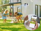 Two children playing with a dog on a grassy lawn, with a home Beelines Solar Security Camera and smartphone app inset.