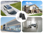 Beelines Solar Security Camera features Collage of a car, house exterior, office building, and living room interior.