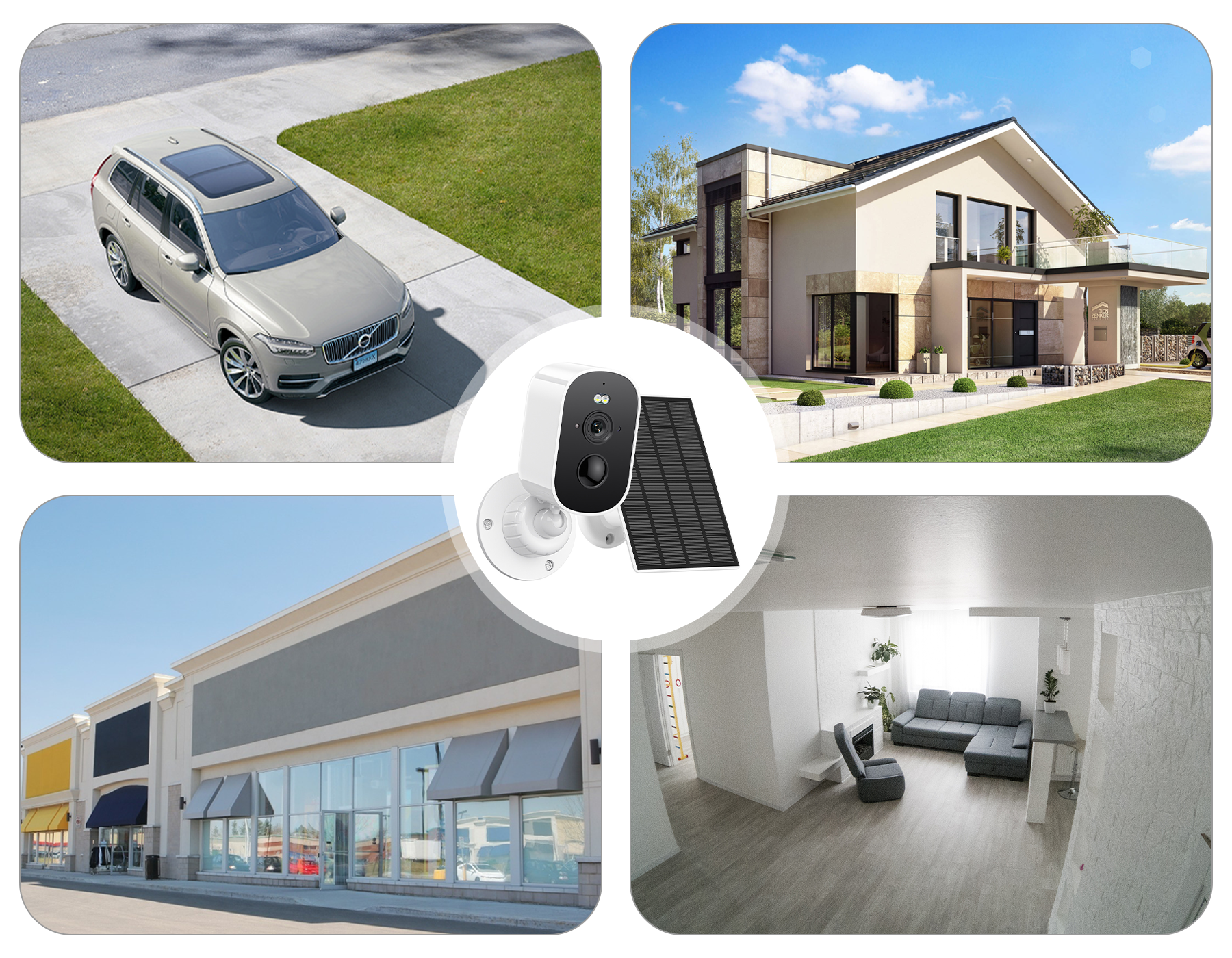 Beelines Solar Security Camera features Collage of a car, house exterior, office building, and living room interior.